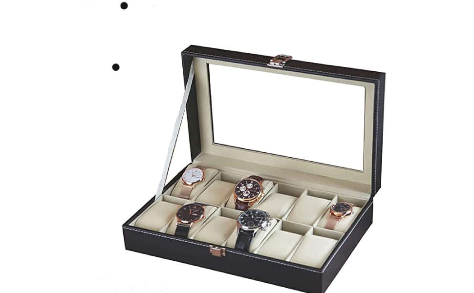 SKYTOUCH 12 grid watch box，PU Leather Watch Case Watch Box for Men and Women，Watch Display Case