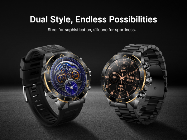 SOUYIE Stylish Android Men's Smart Watch Steel Strap, Silicone Strap, Interchangeable Dual Straps