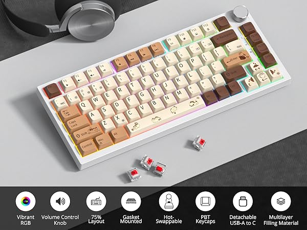 eRiNGo　0103 ♡ iRoboosta 75% Mechanical Gaming Keyboard Coffee Cat, Hot