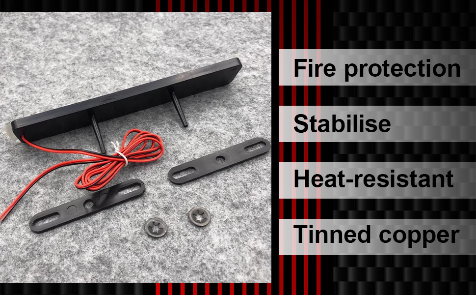 Text reads 'Fire protection', 'Stabilise', 'Heat-resistant', 'Tinned copper'. Black and white product images showing copper wire or cable components with red highlights.