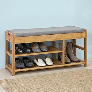 SoBuy FSR47-N Schuhbank Mit Sitzfläche Und Schubladen, Garderobenbank Schuhregal Schuhablage Sitzbank Aus Bambus, BHT Ca: 90x45x30cm 14 1