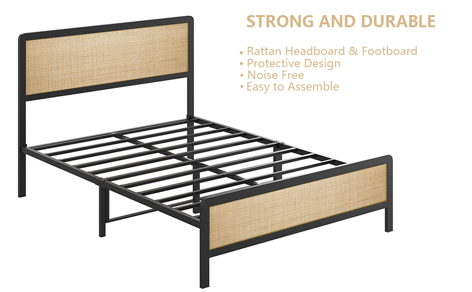 Alkmaar Full Size Metal Bed Frame with Rattan Headboard and