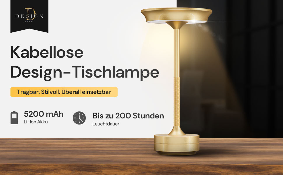 Der Text lautet „Kabellose Design-Tischlampe“ mit „5500 mAh“ und „Bis zu 200 Stunden“. Produktbilder zeigen eine moderne Tischlampe in dunkler Umgebung.