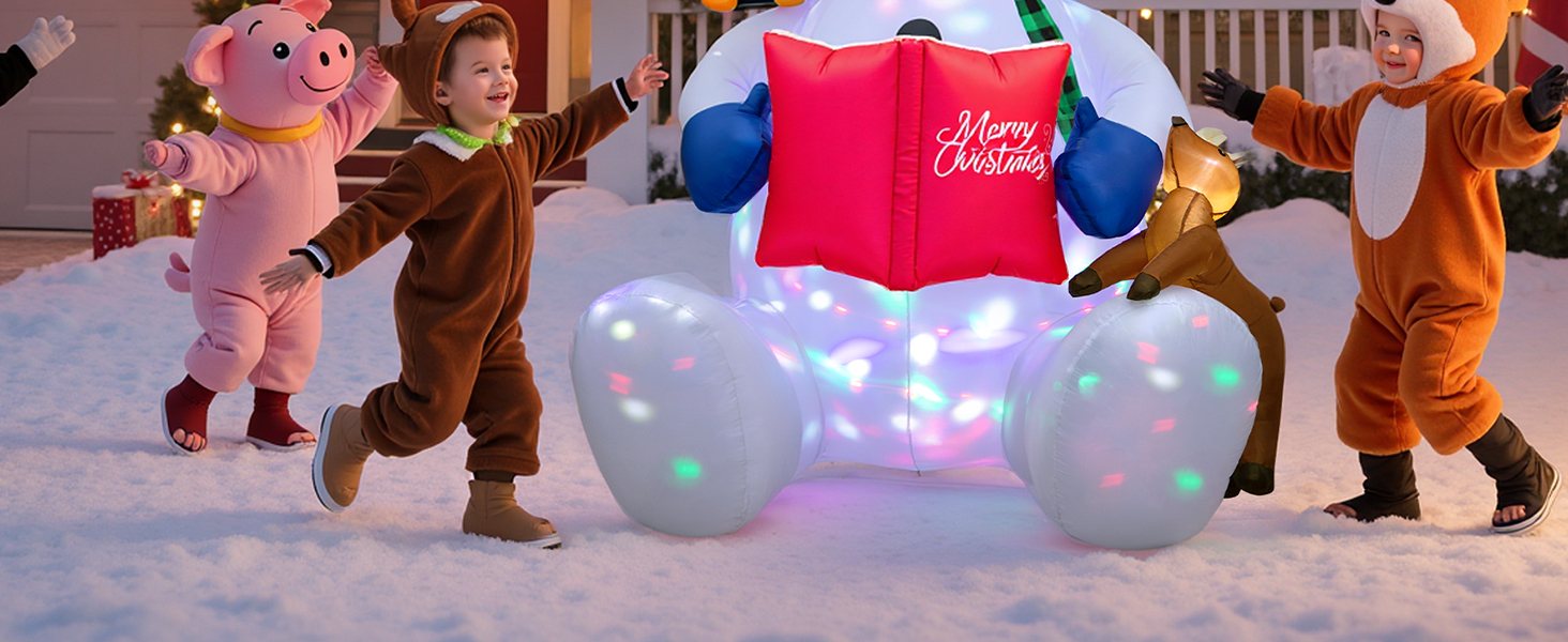 Series of outdoor winter scenes showing illuminated inflatable decorations glowing in snowy conditions, featuring colorful holiday-themed displays.