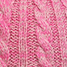Close-up of pink knitted fabric showing a detailed cable pattern with intricate twists and braids.