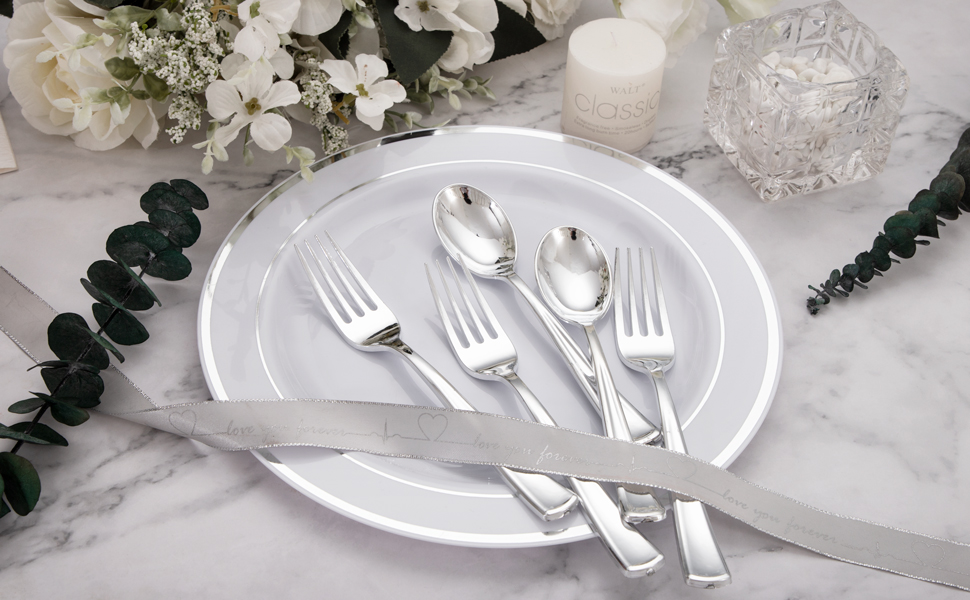 Supernal 400 Silver Plastic Forks and Spoons, Silver