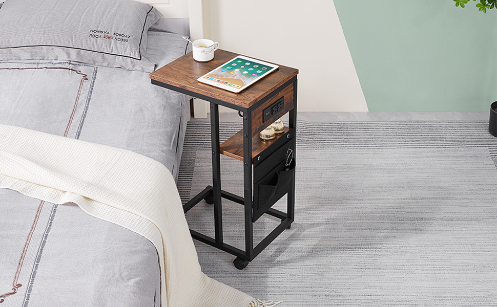 YILFANA C Shaped End Table with Charging Station, C Shaped
