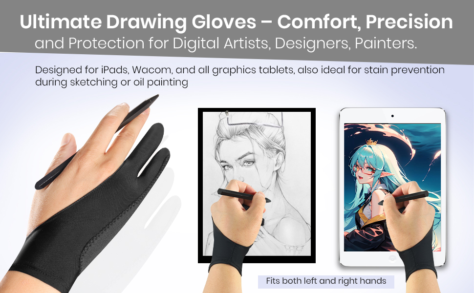 rtist Drawing Gloves with Cleaning Cloth, Two-Finger Design, Fits Left and Right Hands.