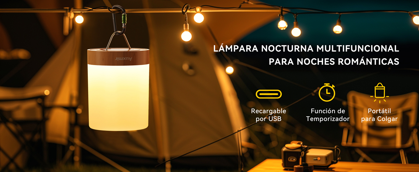 Farol colgante con luz cálida y brillante sobre fondo oscuro. La interfaz del producto muestra las opciones de carga USB, temporizador y control de brillo