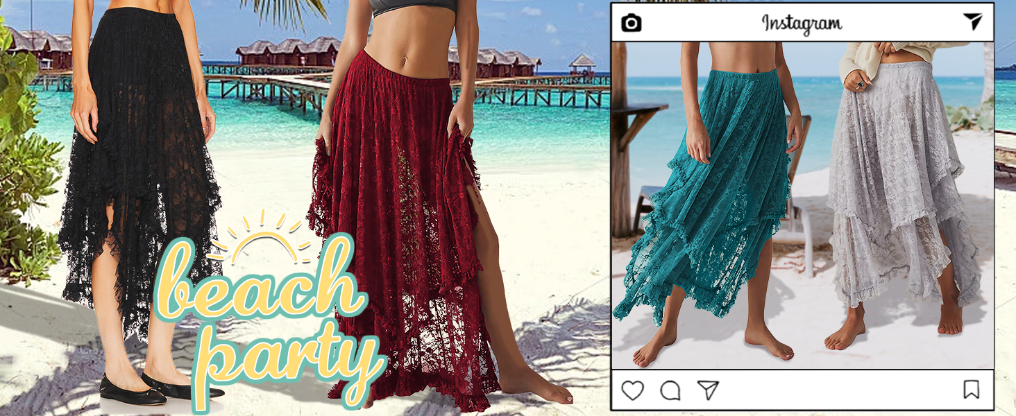 Women Summer Elastic Asymmetrical Layered Hem Sexy See-Through Beach Floral Maxi Skirts 