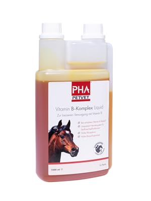 Flasche PHA pet vet flüssiges Vitamin-B-Komplex-Ergänzungsmittel für Pferde. Orangebraune Flüssigkeit in einer durchsichtigen Plastikflasche mit weißem Verschluss und Messfach.