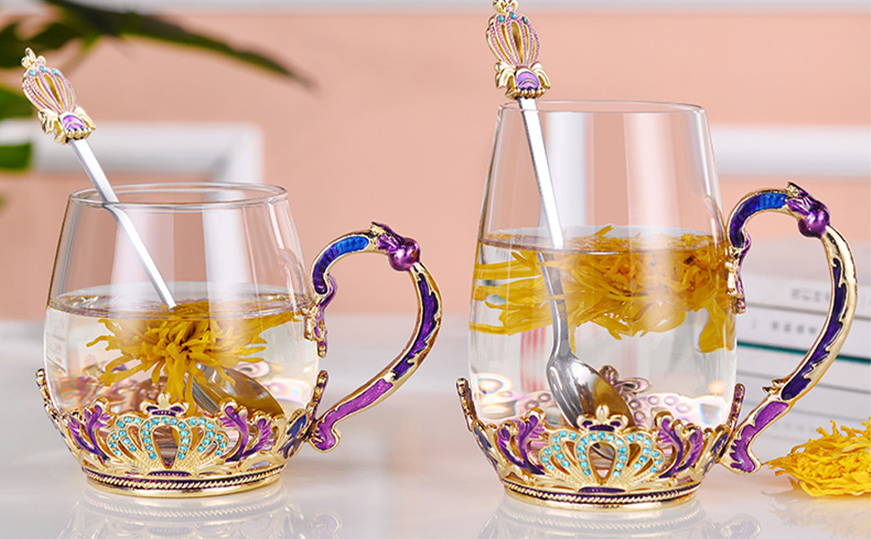 Youeon 10 Oz Enamel Glass Tea Cup with Lid and Spoon