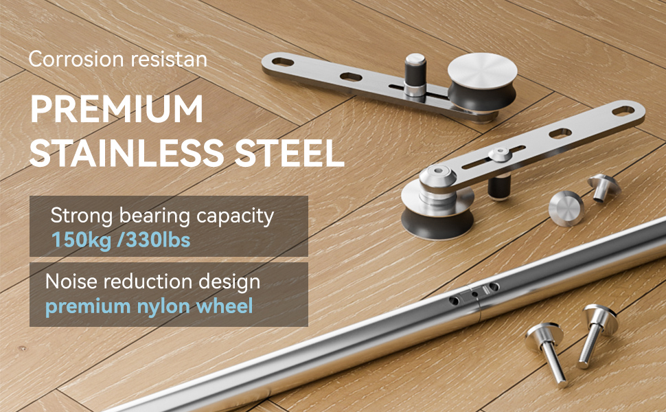 Der Text lautet „PREMIUM STAINLESS STEEL“, „Korrosionsbeständig“, „Starke Tragfähigkeit 160 kg/320 lbs“, „Premium-Nylonrad mit geräuschreduzierendem Design“. Zeigt Beschläge für Schiebetüren aus Metall.