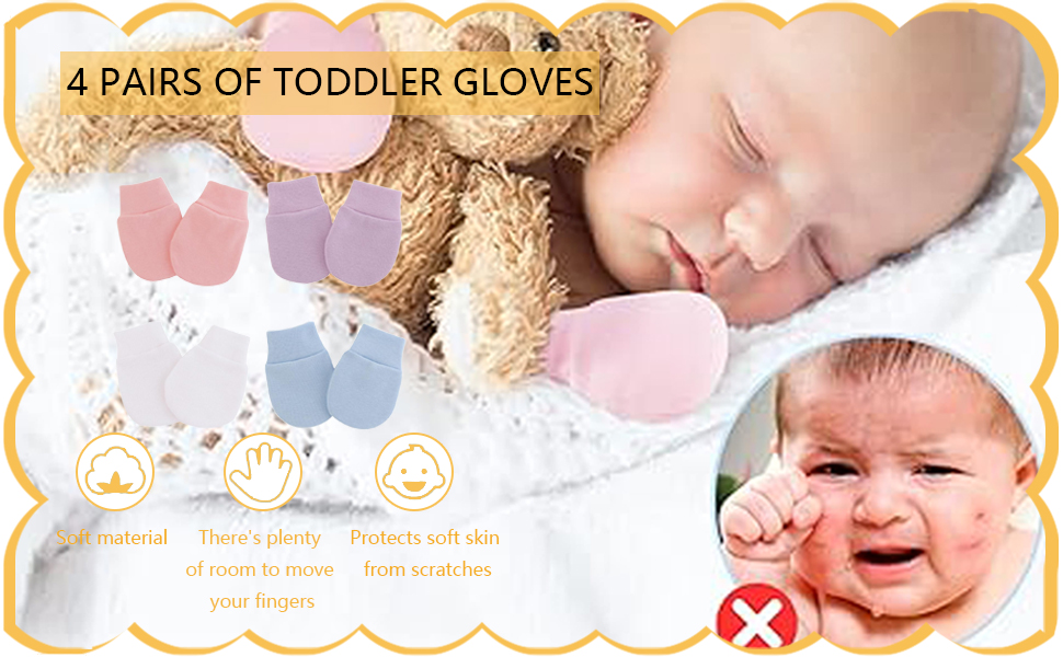 Four pairs of toddler gloves in pastel colors. Image includes a sleeping baby with a stuffed animal and product information text.