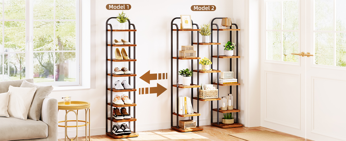 Product demonstration showing expandable storage shelf unit with multiple tiers. Arrows indicate adjustable width capabilities in a home setting with windows.