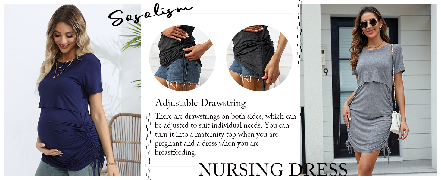 Sosolism 4 in 1 Women's Maternity Nursing Dress for Breastfeeding Short Sleeve Side Drawstring Top