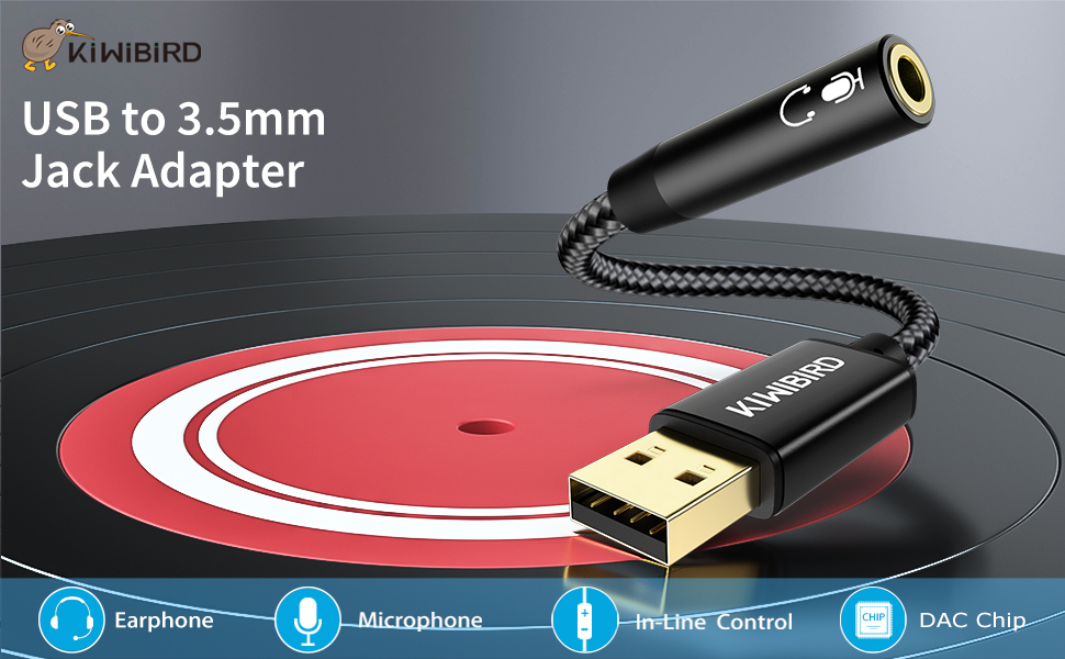 KiWiBiRD USB to 3.5mm Jack Audio Adapter, USB to Headphone and