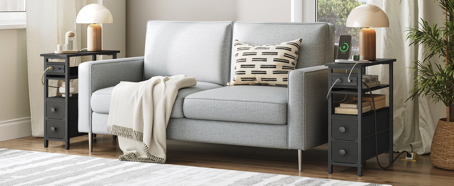 HOOBRO End Table with Charging Station, Narrow Side Table with Fabric