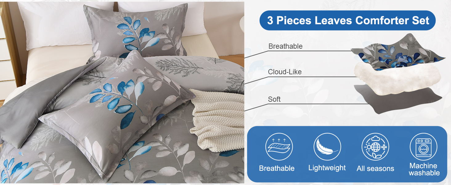 Dark Grey Comforter Set Queen Blue Botanical Leaves Comforter 3 Pieces Floral Bedding Sets
