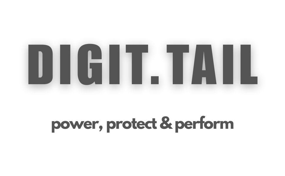 Logo design featuring 'DIGIT.TAIL' in large block letters, with 'power, protect & perform' tagline underneath on a white background.
