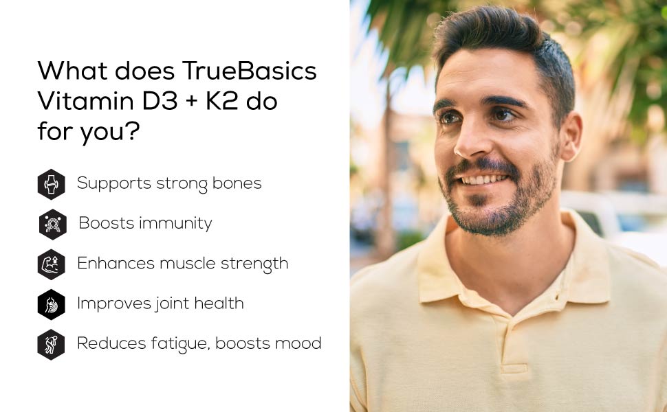 TrueBasics Vitamin D3 with Vitamin K2, Vitamin D3 600 IU & Vitamin K2