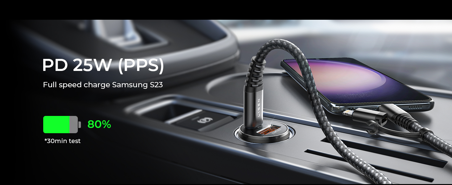 Black braided charging cable with PD 25W fast charging capability, shown with 80% charging indicator and green battery status bar.