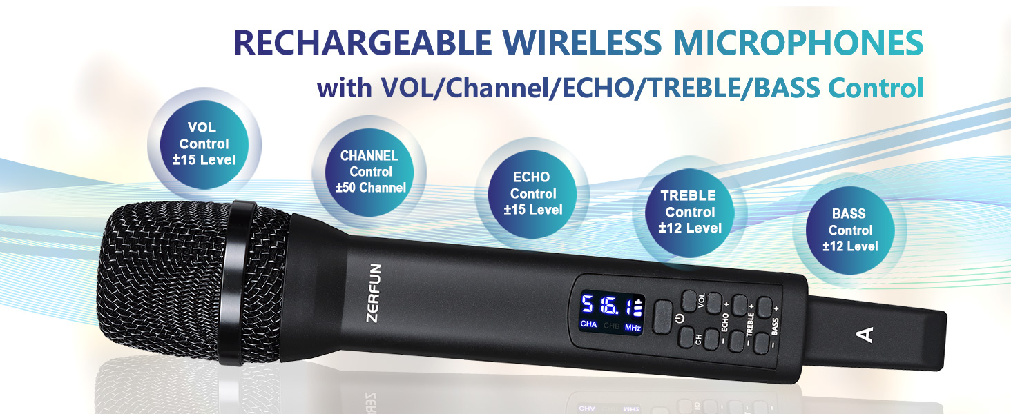 ZERFUN Rechargeable Wireless Microphone System Pro, 4 x 50