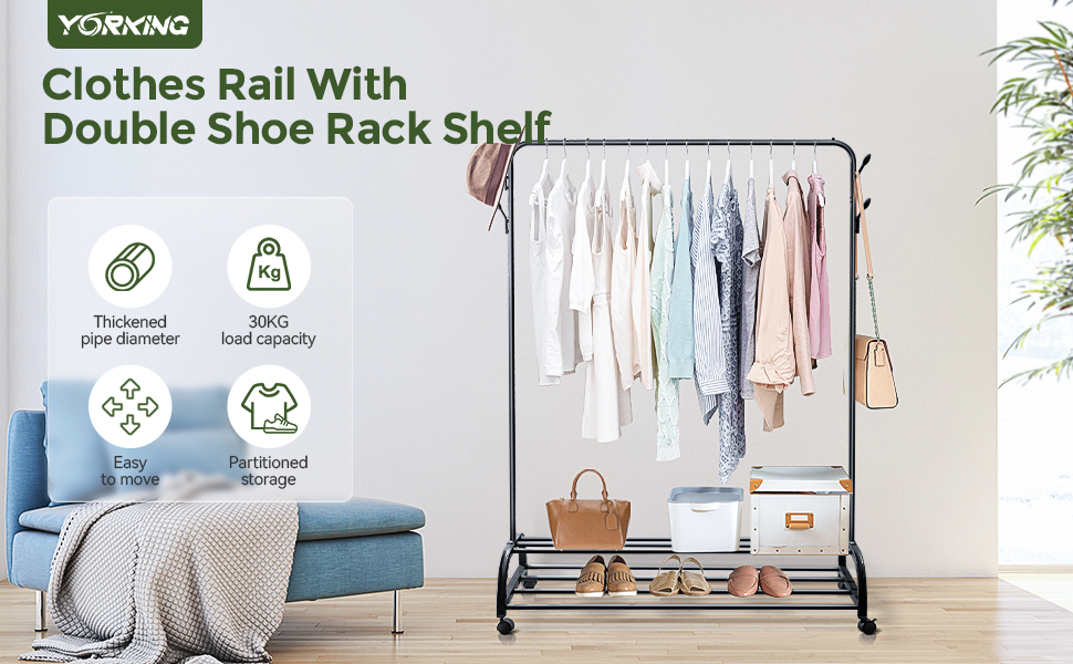 YORKING Clothes Rail, Heavy Duty Clothes Rail for Bedroom, Garment