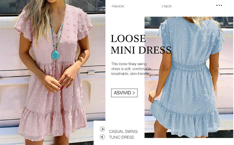 Women Casual Short Sleeve Summer Tunic Dress V Neck Bubbles Loose Flowy Swing Shift Dress