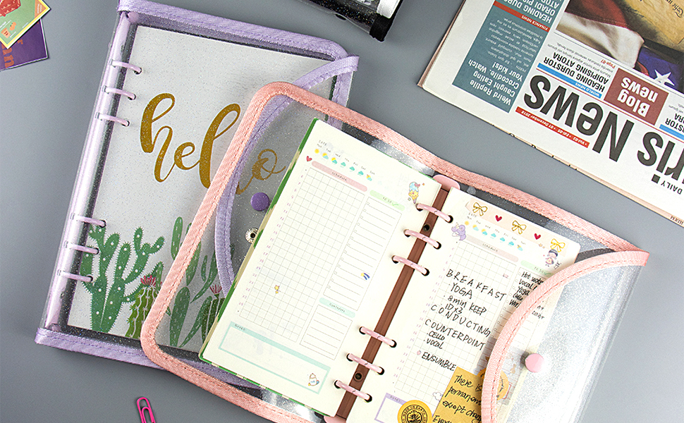 Pink A6 Binder 6 Ring Glitter PVC Budget Binder with Snap Button Closure, Loose