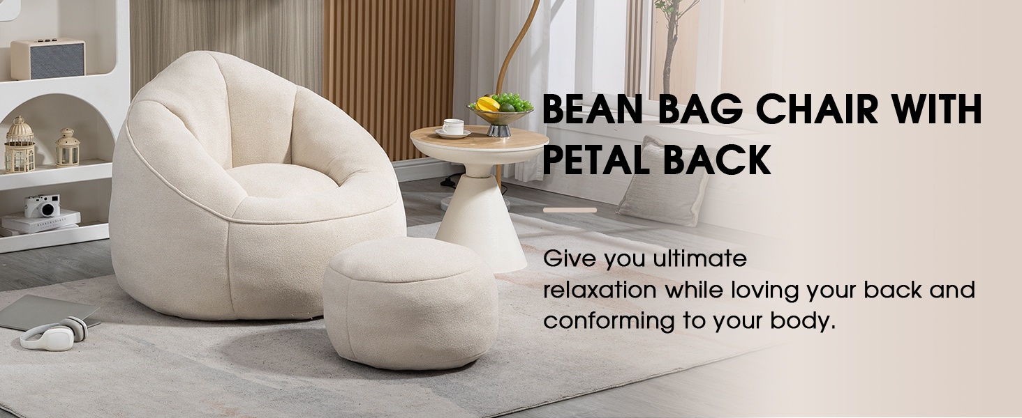 Bean Bag Chair for Adult, Microfiber Upholstered Bean Bag Sofa with Petal Back, Shell-Shaped Beanbag Chair with Footstool, Memory Foam Stuffed Lazy Sofa for Living Room, Bedroom (Beige) 8 Bean Bag Chair