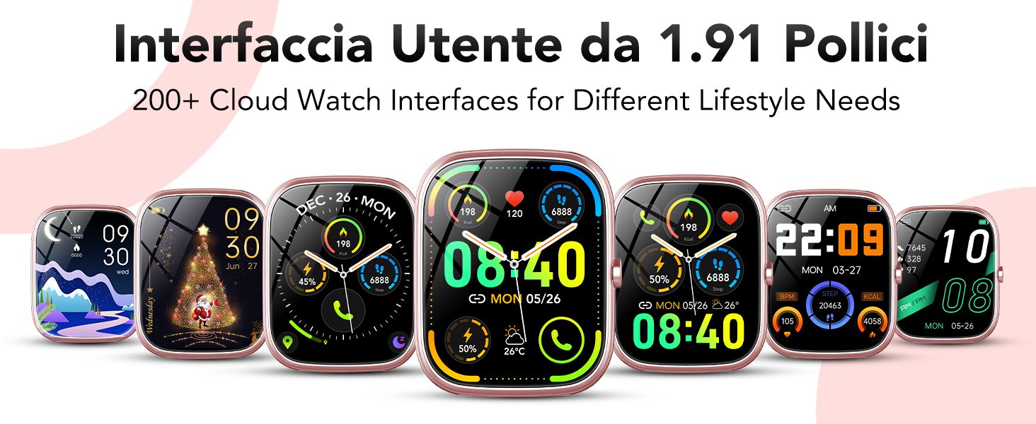 Il testo recita 'Interfaccia Utente da 1.91 Pollici'. Raccolta di schermate dell'interfaccia dello smartwatch che mostrano vari quadranti digitali con visualizzazione dell'ora, della forma fisica e delle notifiche.