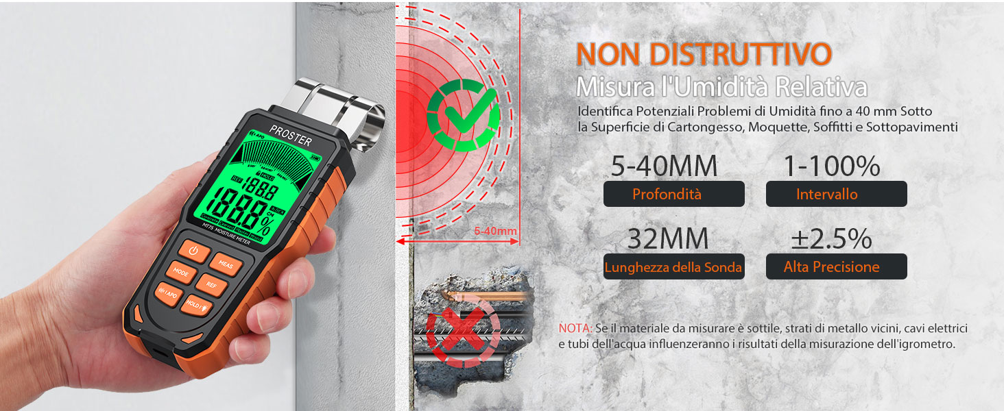 Proster Misuratore di Umidità Ricaricabile Senza Punte per Pareti con Schermo LCD a 3 Colori