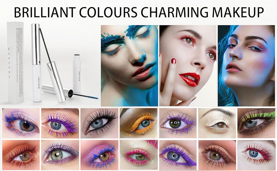 Text reads: 'BRILLIANT COLOURS CHARMING MAKEUP'. Collage showing various colorful eye makeup looks, featuring dramatic eyeshadow designs in purple, blue, gold, and pink shades.