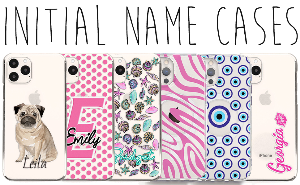Collection of phone cases displaying various patterns including pug design, polka dots, floral prints, wavy lines, and evil eye motifs.
