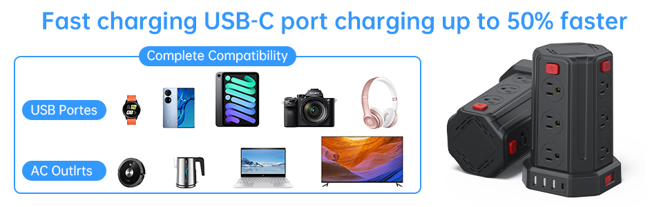 PD20W Power Strip Surge Protector, 10 Ft Extension Cord with 12 AC Multiple Outlets