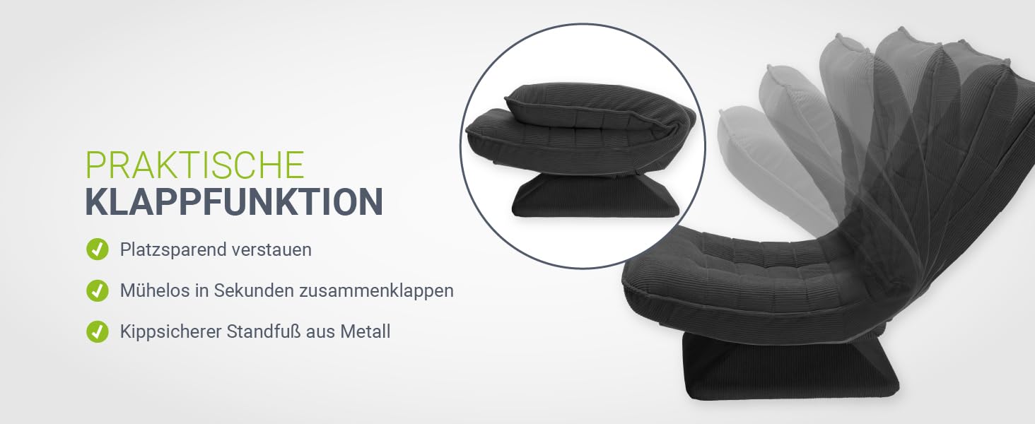Infografik zeigt einen schwarzen Klapphocker mit praktischer Klappfunktion. Der Text hebt die einfache Lagerung, die vielfältigen Verwendungsmöglichkeiten und die langlebige Metallkonstruktion hervor.