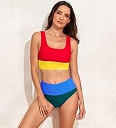 Jolefille Womens High Waisted Bikini Set 2 Piece Color Block Swimsuits Sporty Full Coverage Bathi...