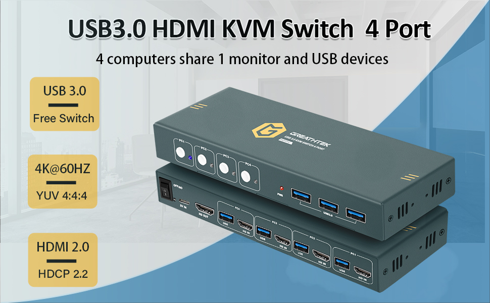 GREATHTEK KVM Switch HDMI 4 Computers with 3 USB 3.0, 4 Computers 1