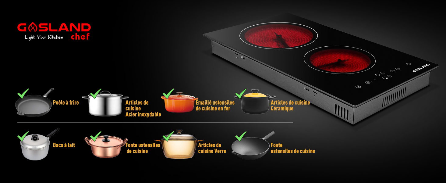 Table De Cuisson, Gasland Chef CH30BF Vitrocéramique 2 Foyer 3000W- Plaques (Intégré, Verre-céramique, Noir, Toucher, Devant) 21 plaque de cuisson en céramique