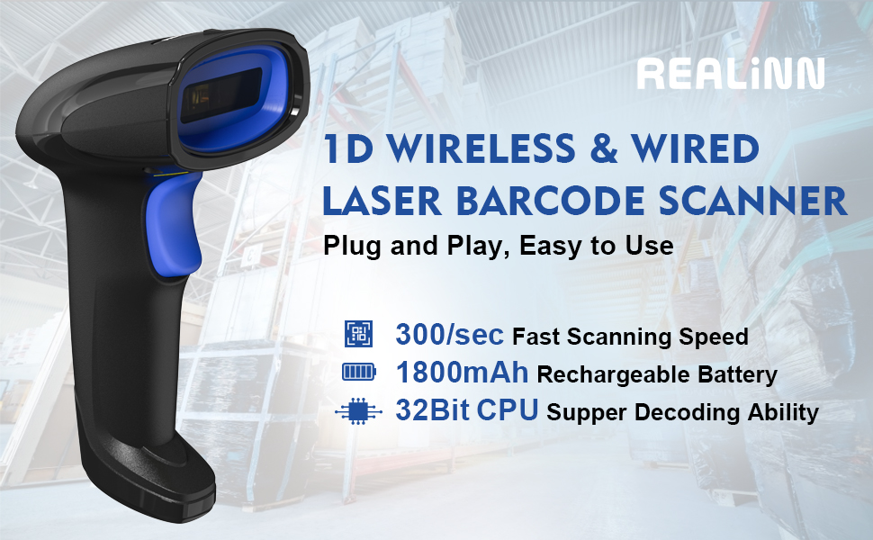 REALINN Wireless 1D Laser Barcode Scanner Handhold Cordless