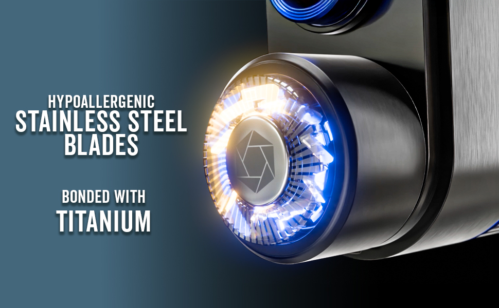 Close-up of trimmer with titanium and stainless steel hypoallergenic blades