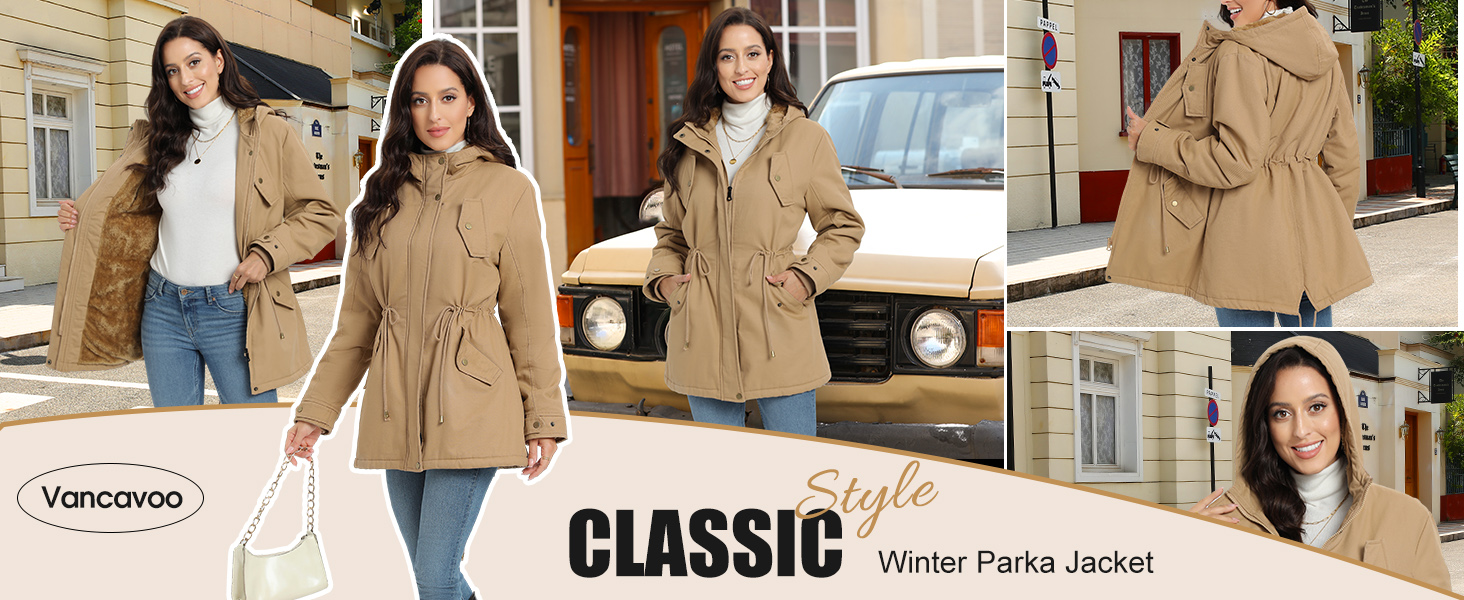 Womens Thicken Fleece Lined Parka Winter Coat Hooded Jacket Parka Hooded Long Puffer Coat for Winter