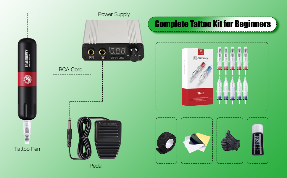 Dragonhawk S2 Tattoo Kit, Rotary Tattoo Pen Machine Gun Kit