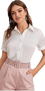 Women Elegant Short Sleeve Satin Shirt Button Up Solid Office Workwear Blouse Top