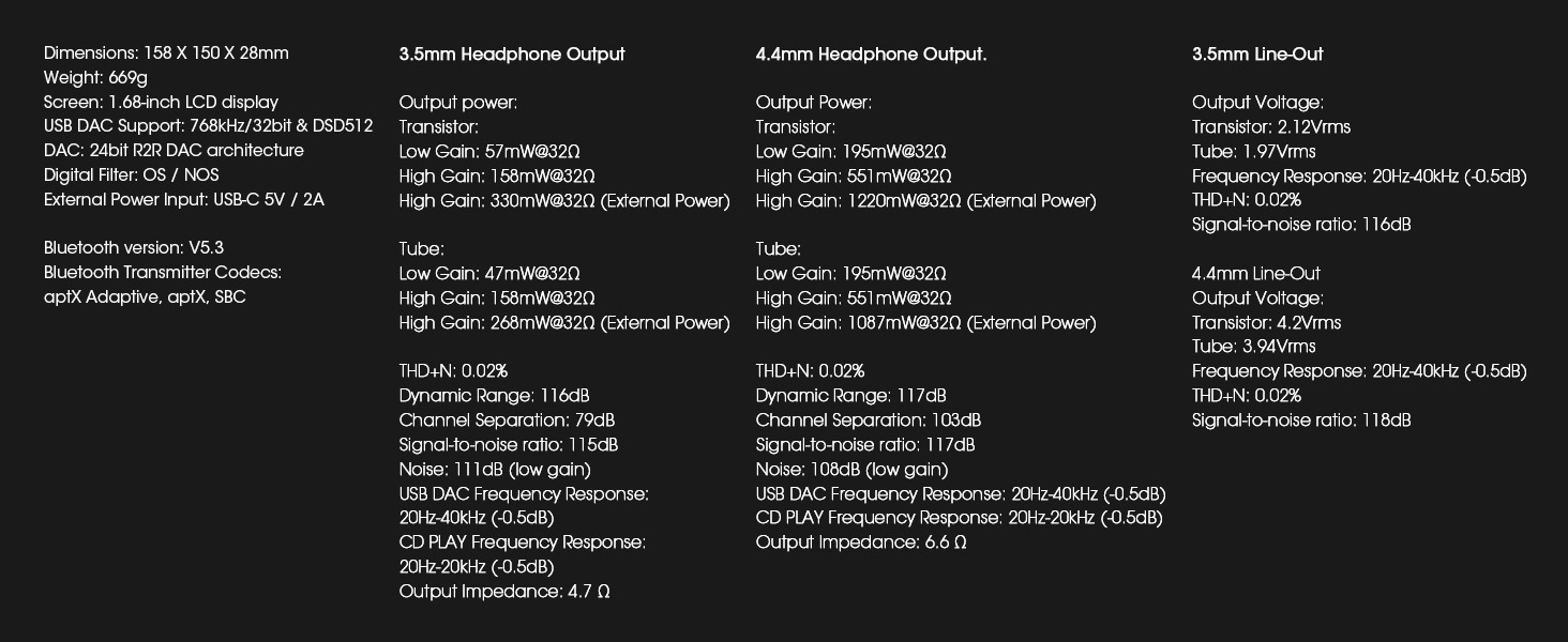 SHANLING EC Zero T Specifications