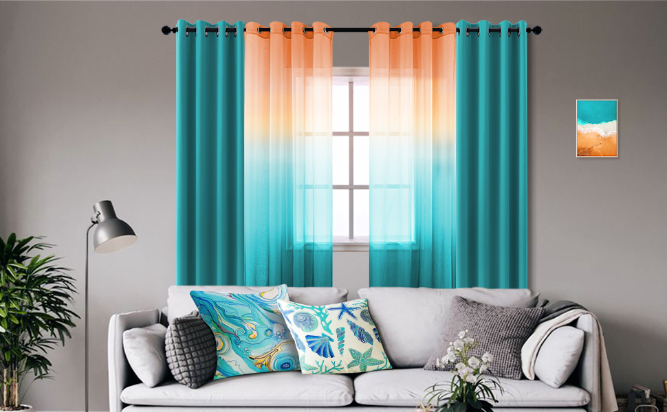 Orange and Green Sheer Curtains 84 Inches Long 2 Panels Window Semi Sheer Bright