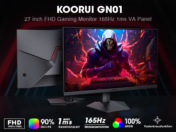 KOORUI Gaming Monitor 27 Inch Full HD Frameless Screen 165Hz