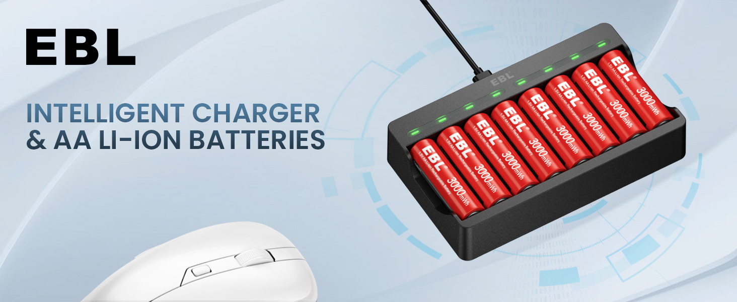 EBL 8 Pack Rechargeable Lithium AA Batteries, 1.5V 3000mWh