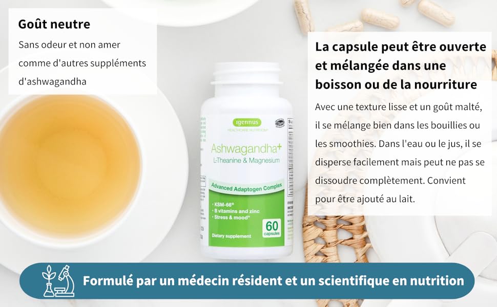Présentoir du produit en capsule de complément médical montrant un liquide de couleur ambrée dans une tasse et un emballage blanc avec un texte en français concernant